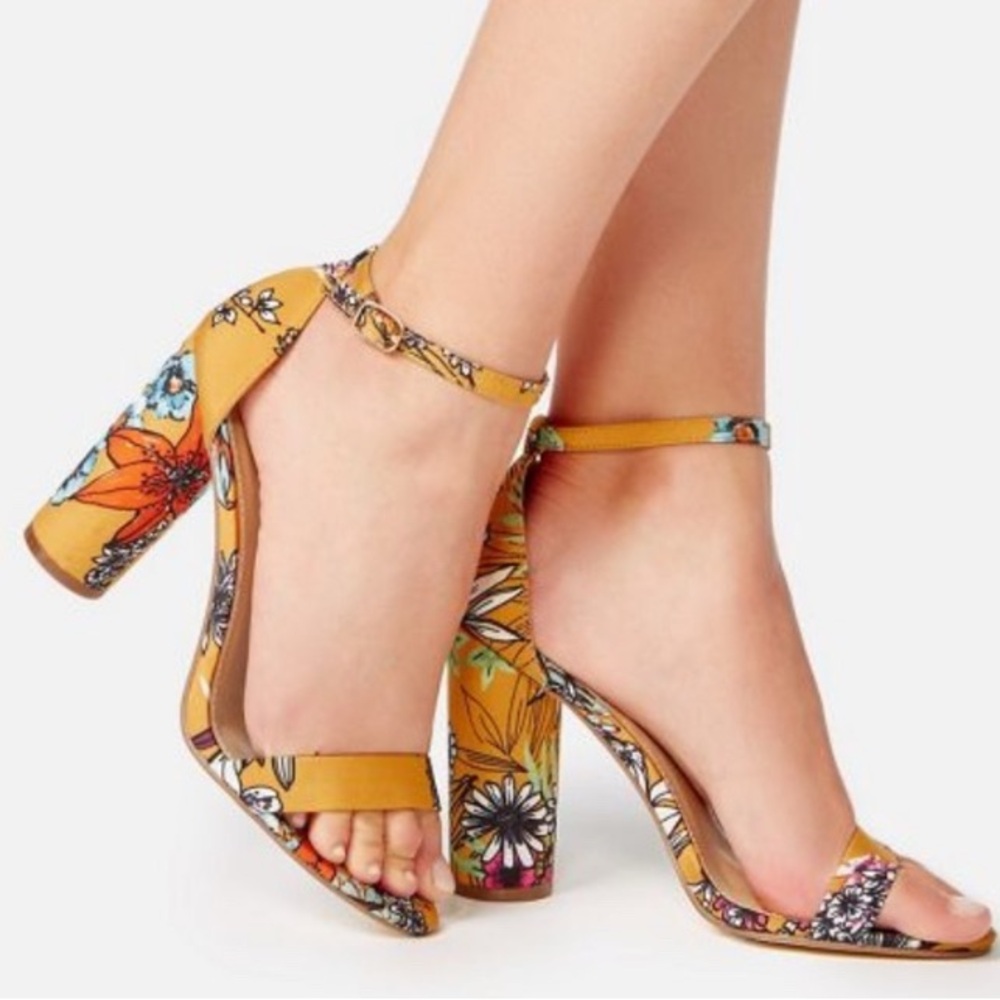 JustFab Salona Cylinder High Heels Mustard Multicolor Floral Block Sandals 8.5